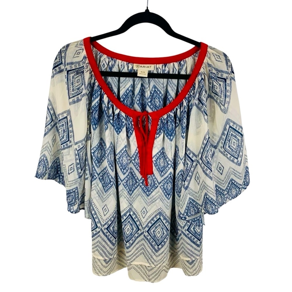 Ariat sz M Peasant Blouse Blue White Geometric Red V-Neck Collar Tie Flutter Top